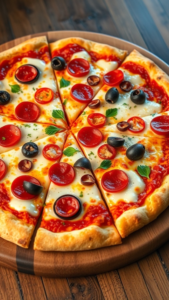 Grunge Crust Pizza Recipe A delicious grunge crust pizza topped with cheese and various toppings on a wooden table.